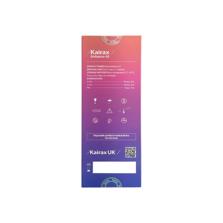 Kairax enhance 45 product in purple orange box, back of box with product information