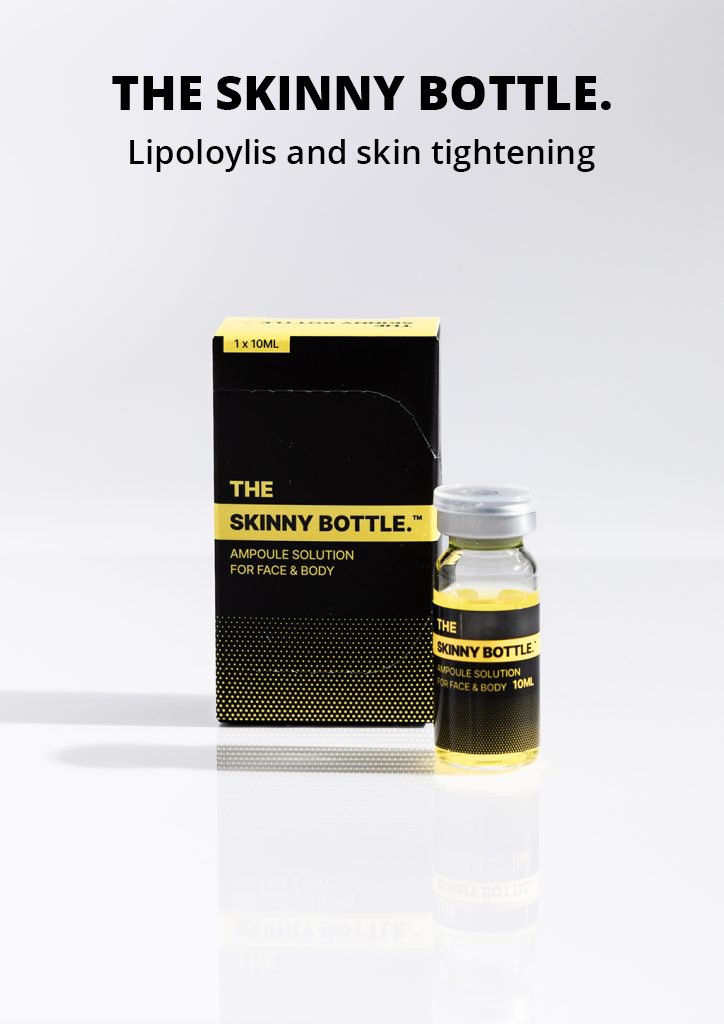 The skinny bottle fat dissolver ampoule solution for face and body 10ml, black and yellow box