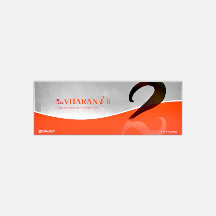 silver and orange box of Vitaran 2 product, polynucleotides intradermal gel 2ml 1 syringe