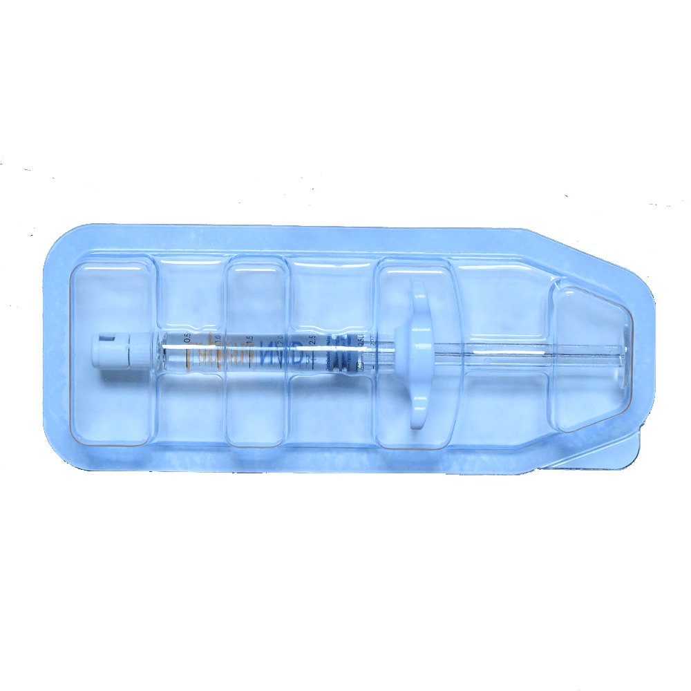 Medical syringe in a blue plastic holder on a white background